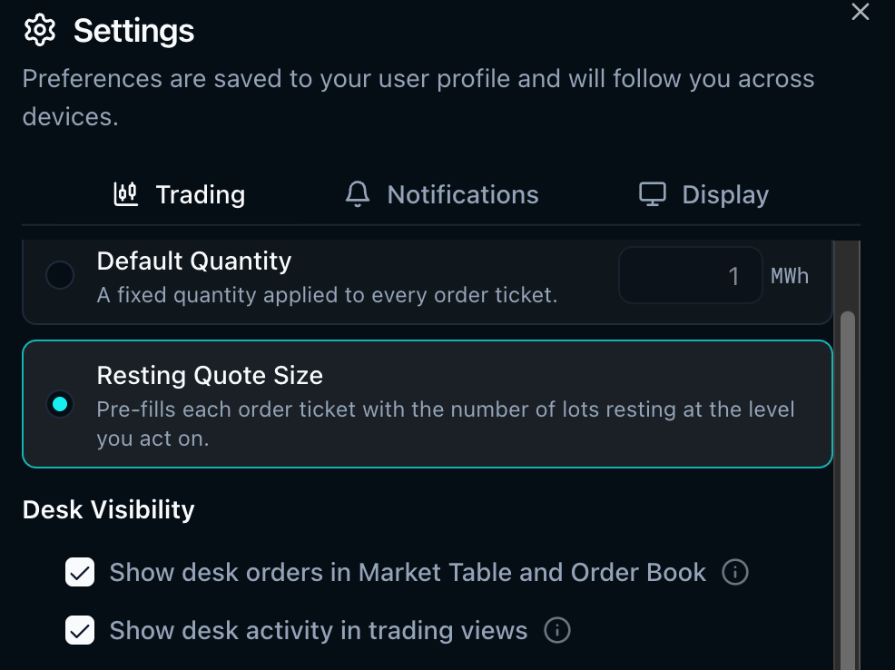 The Desk Visibility settings panel with both toggles shown under Settings