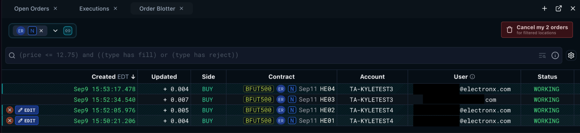 The Order Blotter widget with the setting enabled, showing highlighted desk-peer rows and a User column identifying different traders