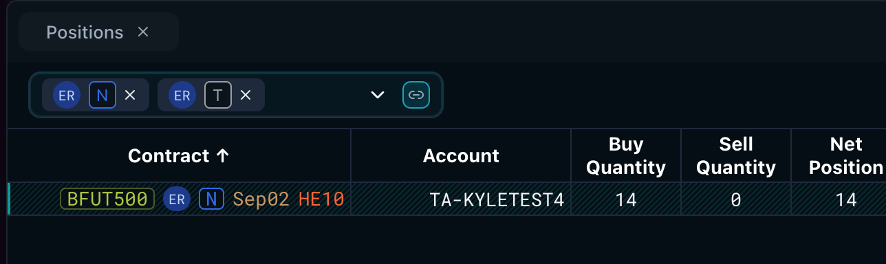 The Positions widget with the setting enabled, showing highlighted desk-peer rows, one row per account