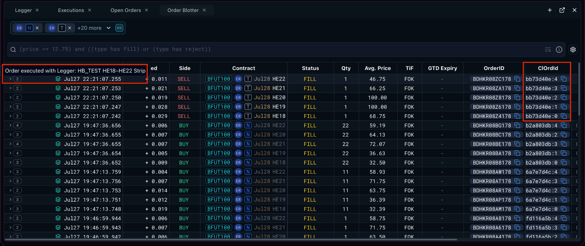 Order Blotter rows carrying the Legger logo, with a tool tip reading Order executed with Legger and the workflow name