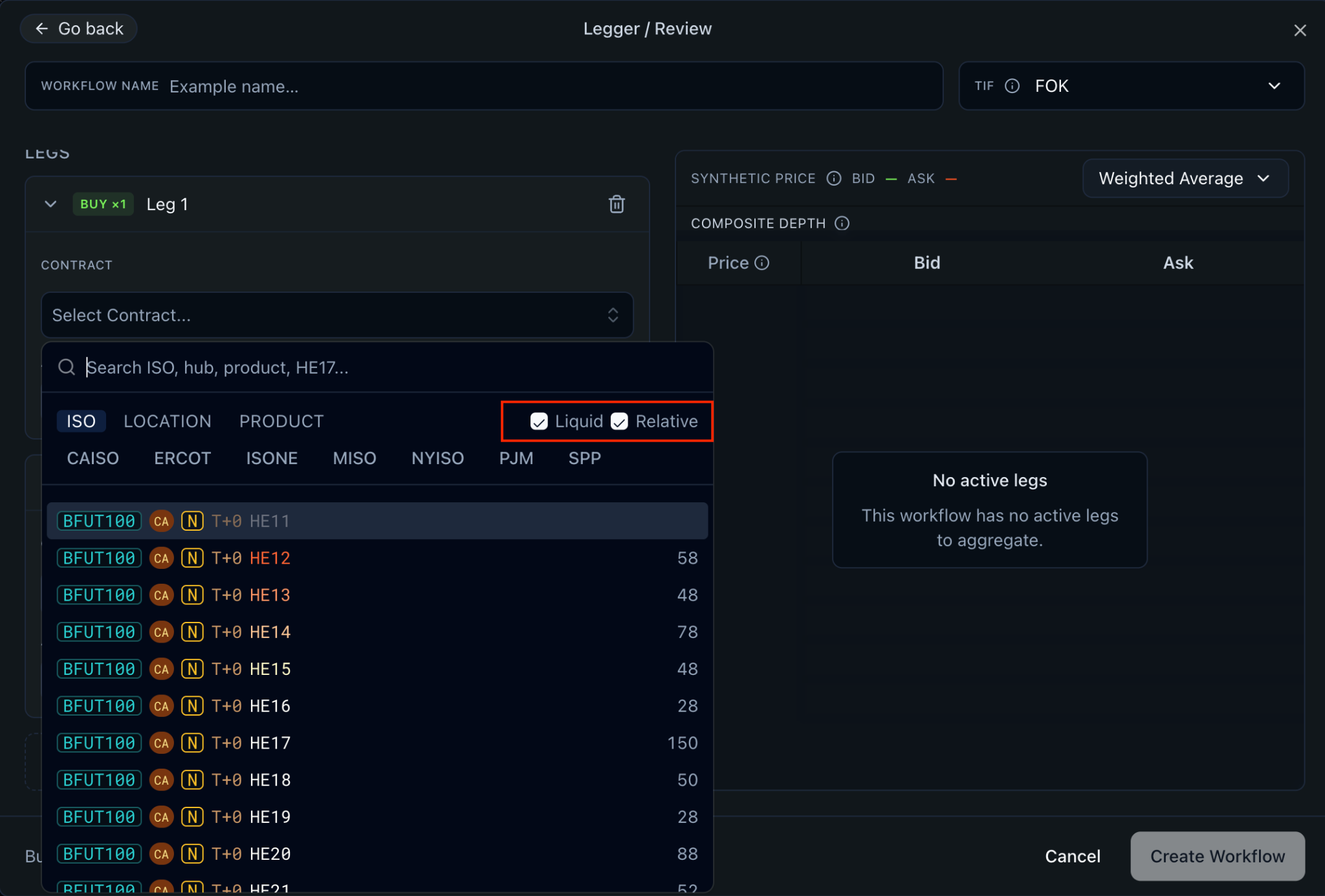 Contract search dropdown with the Liquid and Relative toggles both checked and highlighted, listing BFUT100 contracts by hour ending